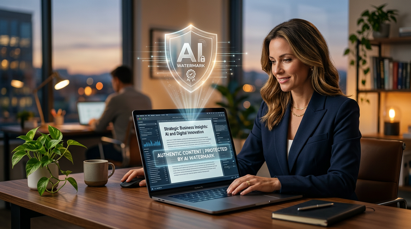 A digital fingerprint icon overlaying a document representing AI text watermarking for business security.