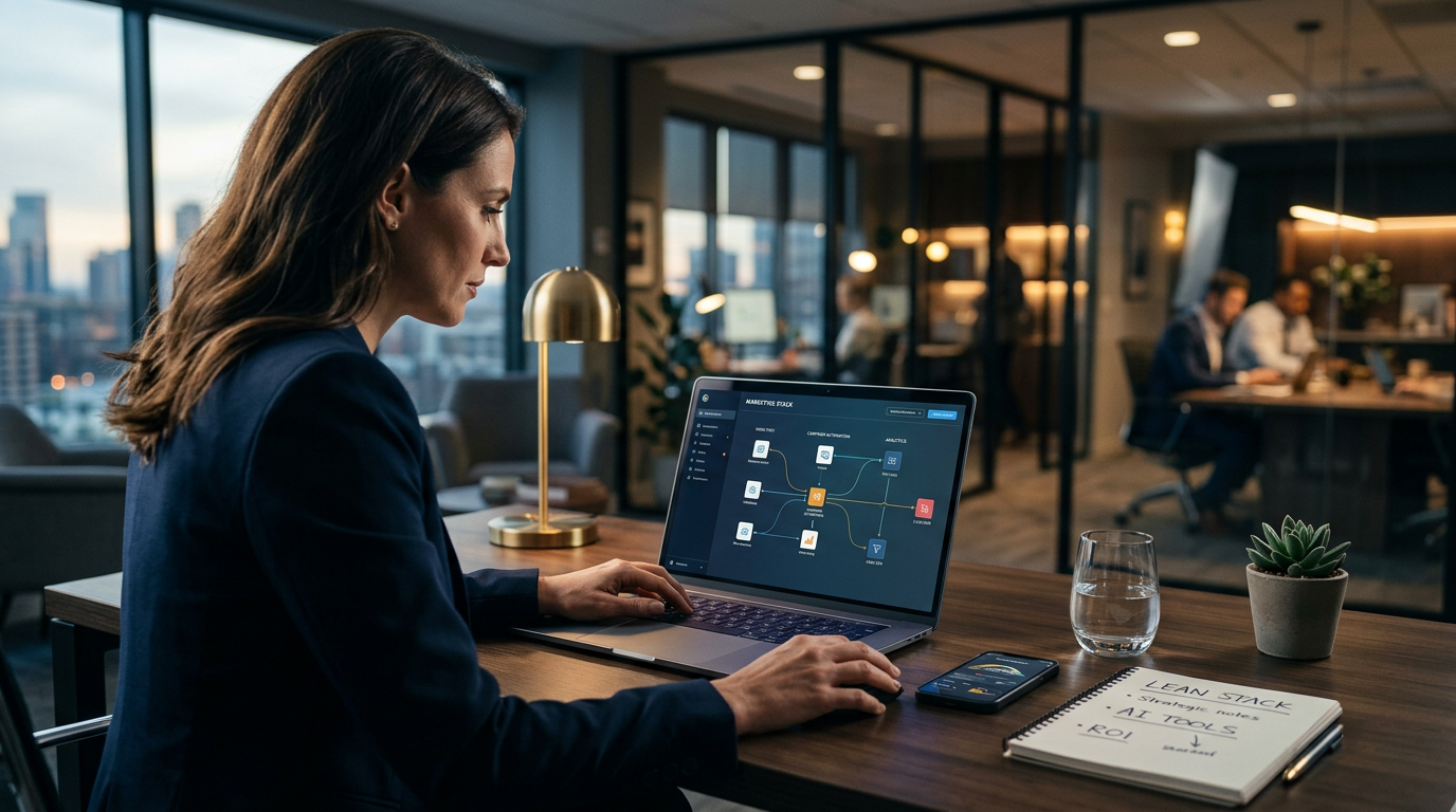 A clean desk with a laptop showing a simple marketing dashboard and affordable software icons.