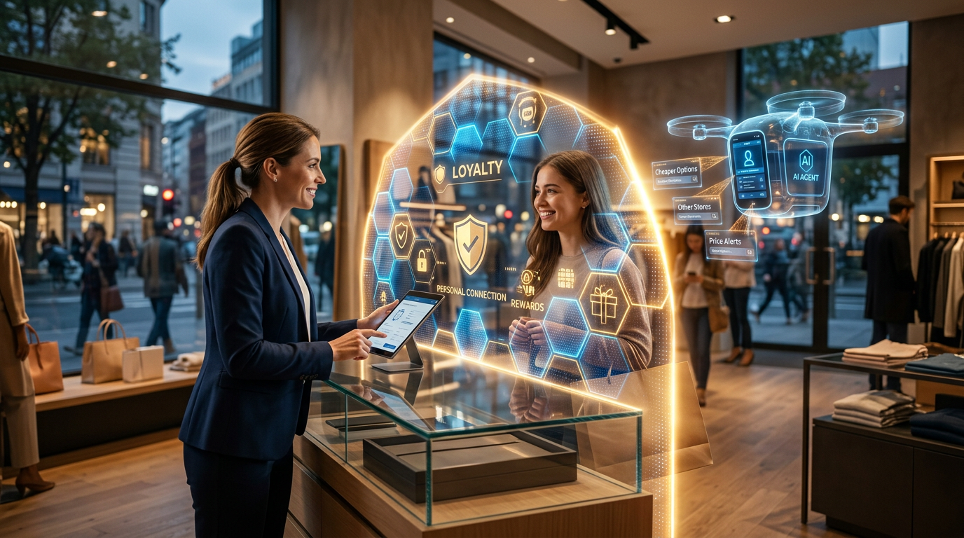 A small business owner shaking hands with a customer while a computer screen sits in the background.