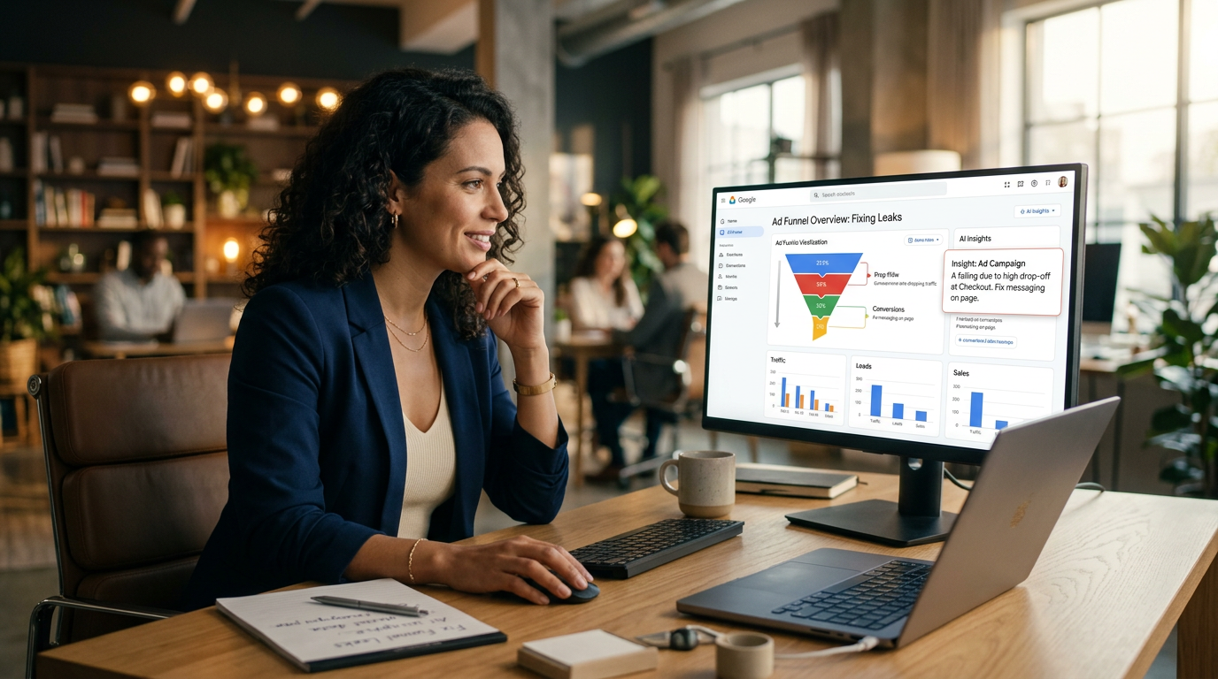 A business owner reviewing Google Ads AI insights on a laptop screen to improve marketing results.