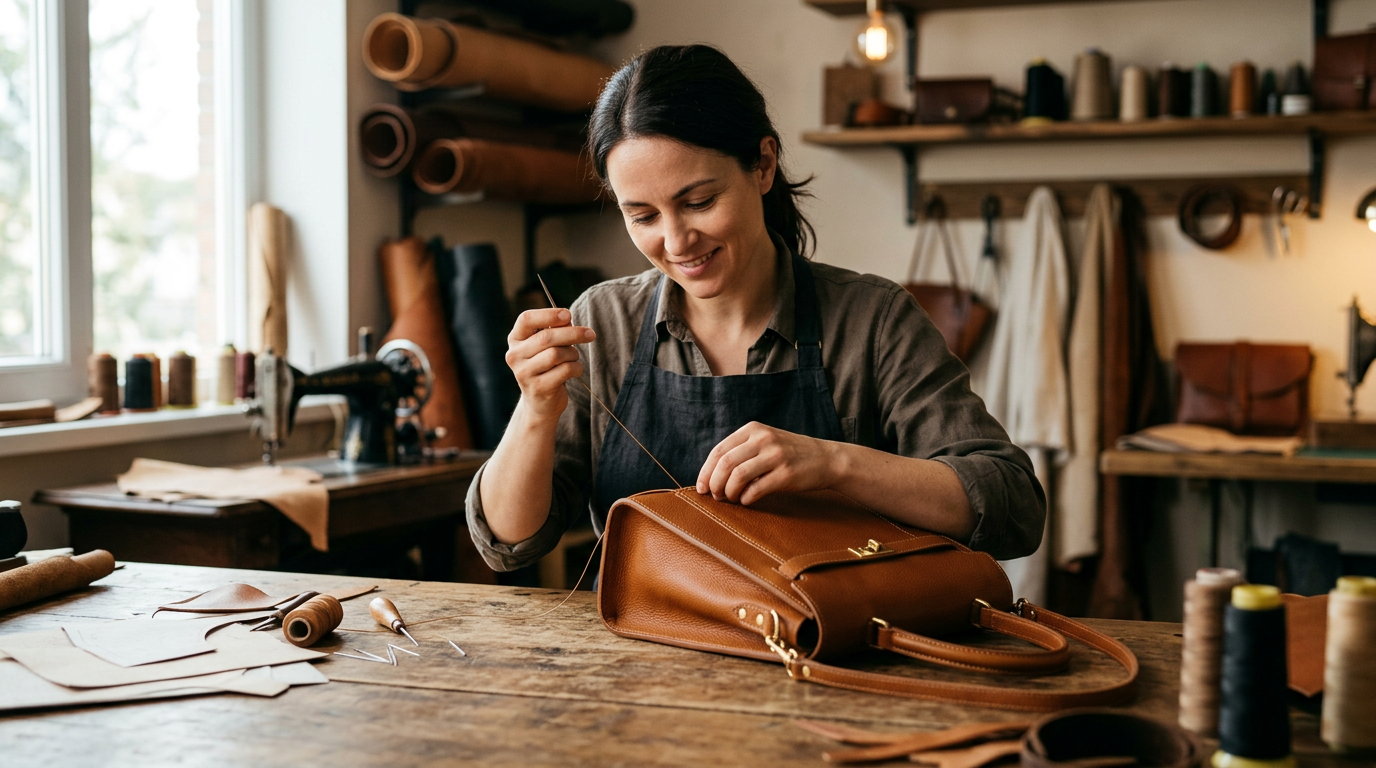 A close up of a person hand-stitching leather to represent human craftsmanship in business.