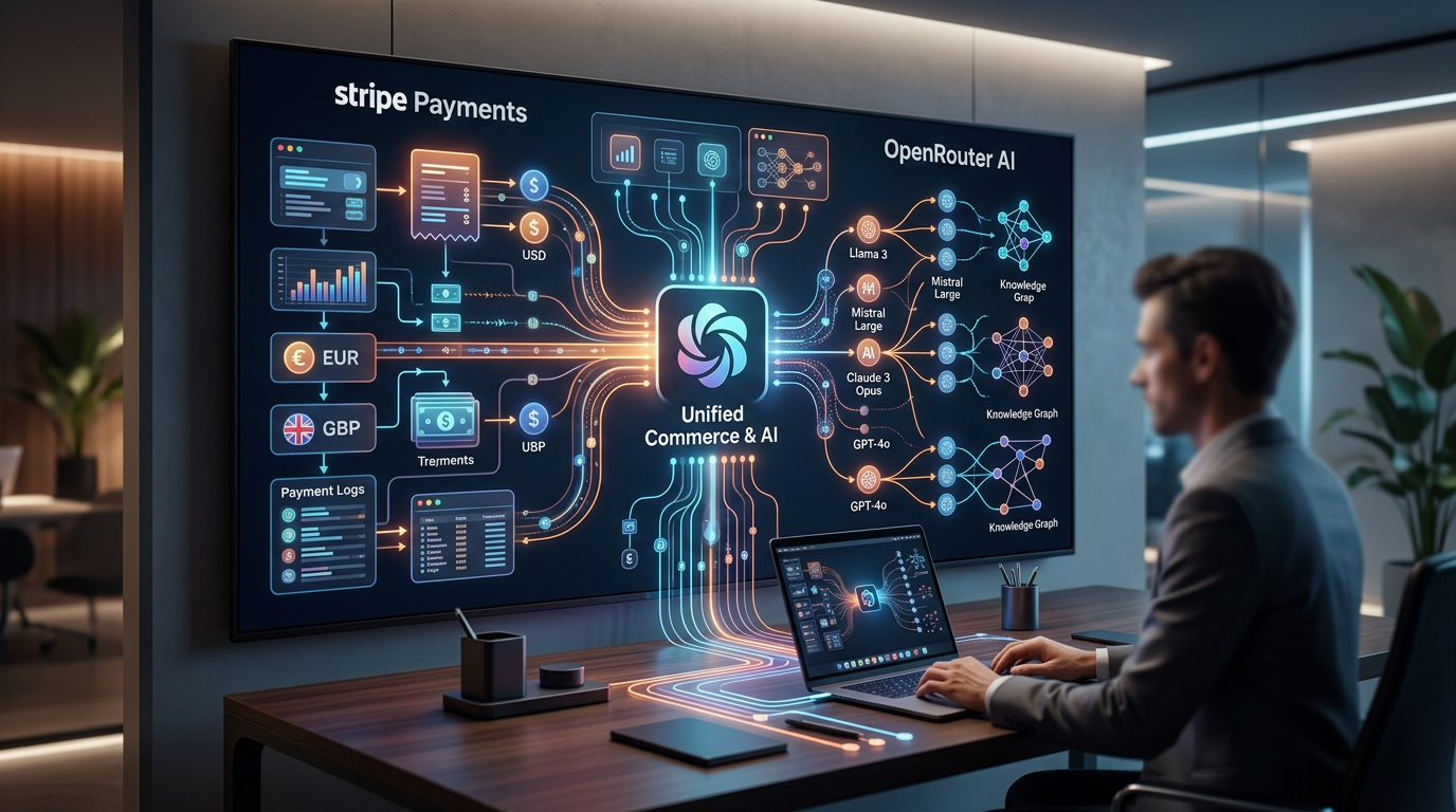 A professional business dashboard showing payment processing and AI model switching options in one interface.