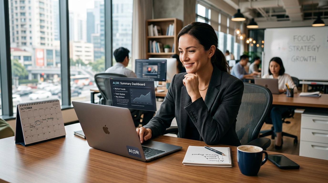 A business owner using a laptop to quickly summarize a large stack of digital documents.