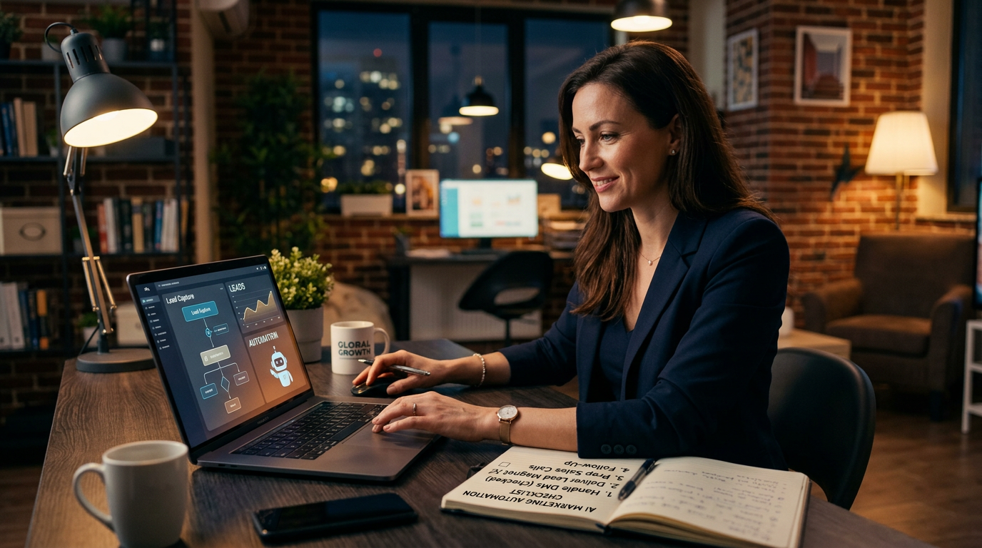 A checklist on a tablet screen showing automated marketing steps for a small business owner.