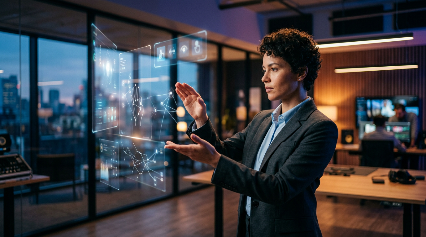 A person gesturing toward a laptop screen to control a digital interface without touching the hardware.