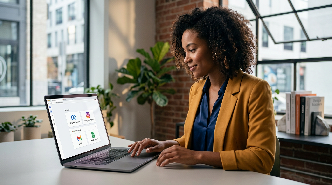 A small business owner managing Facebook and Instagram marketing from a single computer dashboard using AI.
