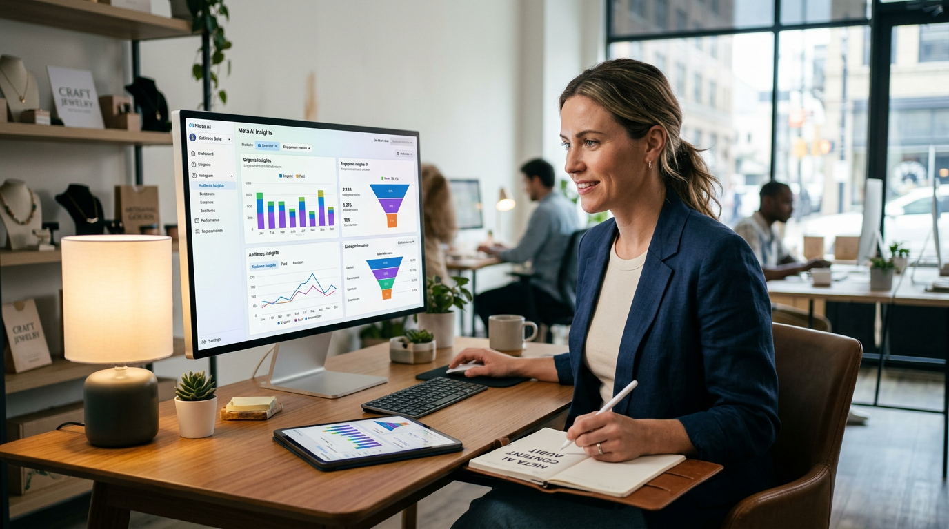 A small business owner reviewing Facebook and Instagram performance metrics on a laptop screen.