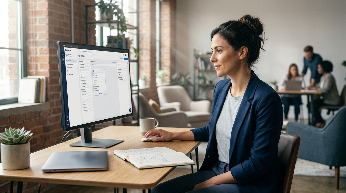 A person using a simple digital interface to organize business tasks and software components.