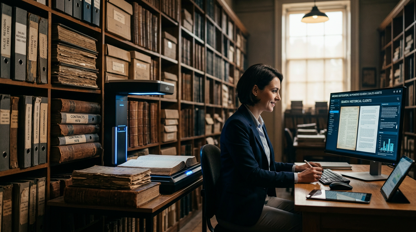 A person using a high speed scanner to digitize a stack of old business binders and books.