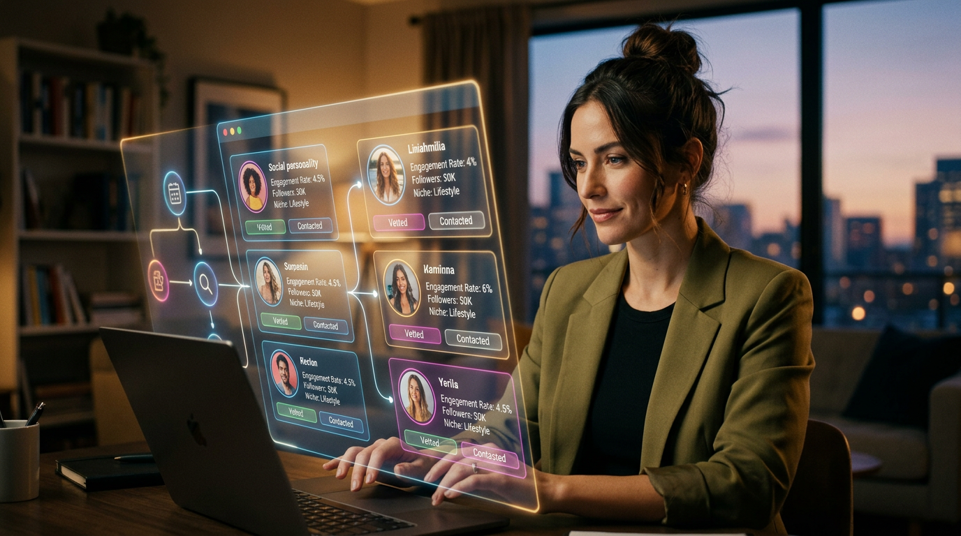 A business owner using a laptop to view a dashboard showing influencer marketing data and automated outreach metrics.