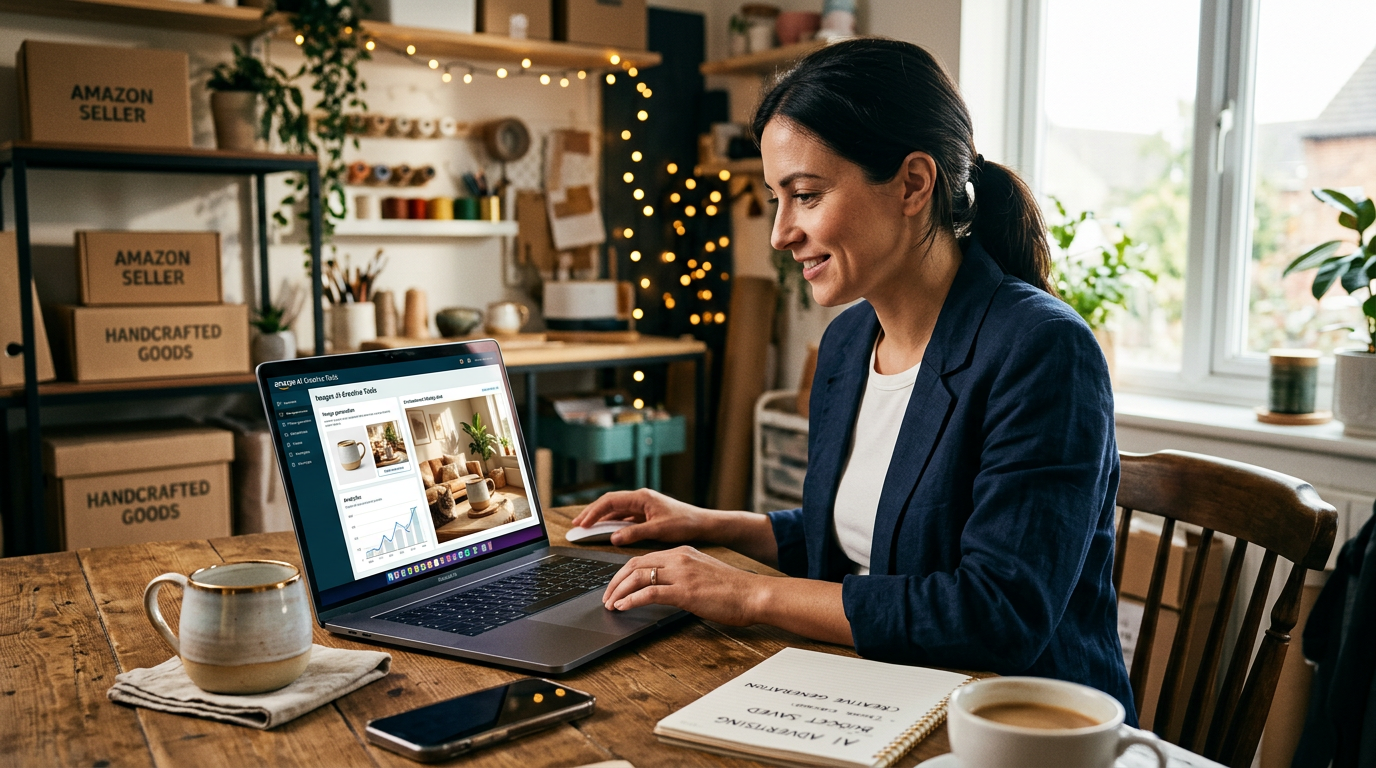 A laptop screen showing the Amazon Seller Central dashboard with AI generated product images