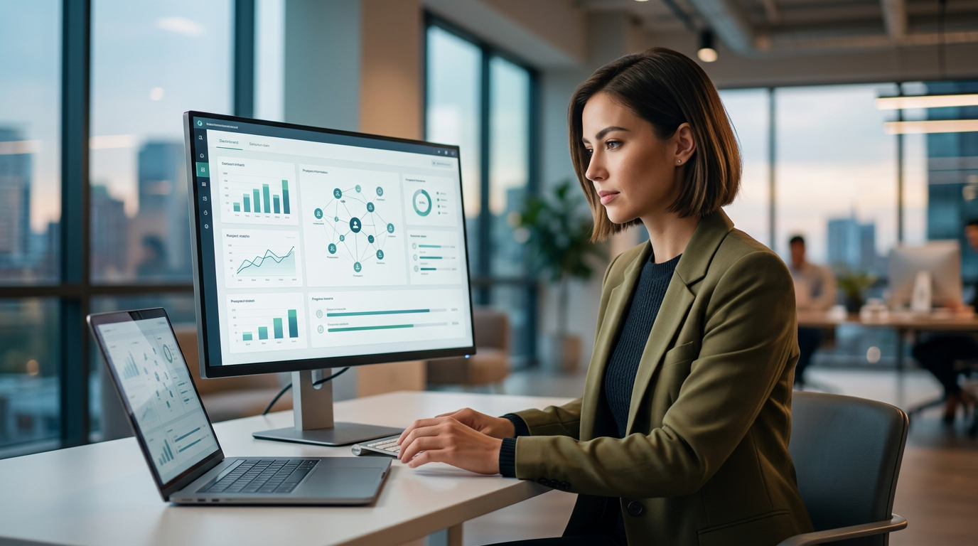 A business owner sitting at a desk using a laptop to research sales leads with AI tools.