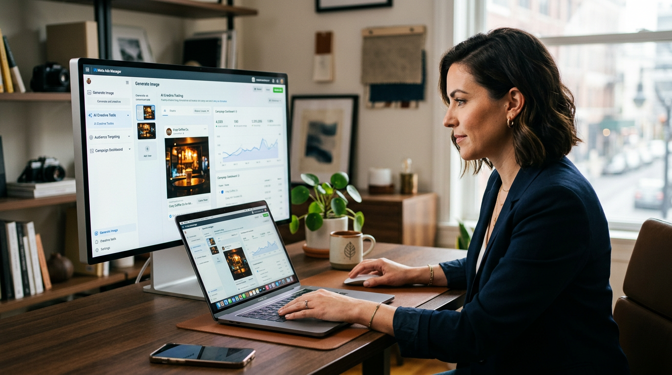 A laptop screen showing a professional marketing dashboard with AI image editing tools for a small business.