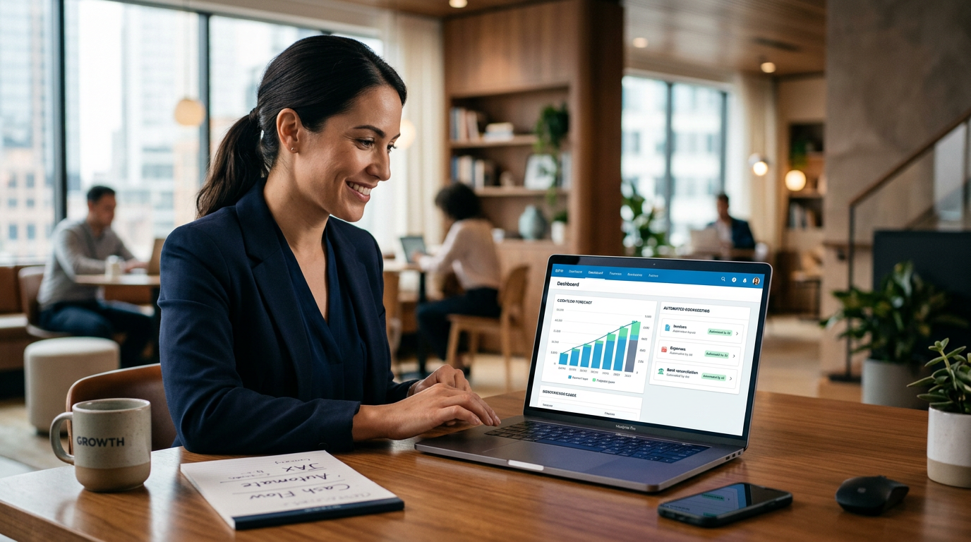 A small business owner reviewing automated cash flow reports on a laptop screen.