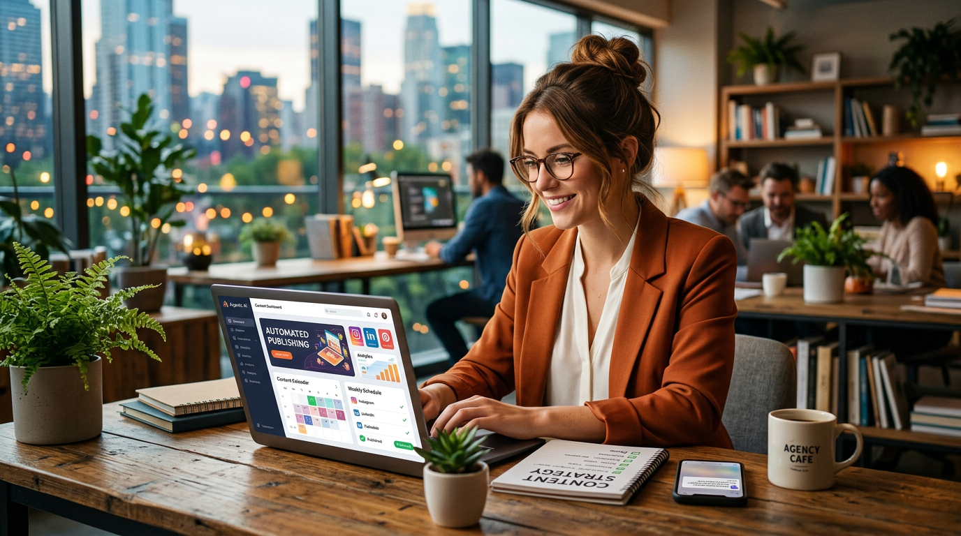 A small business owner sitting at a desk looking relieved while a digital assistant handles computer tasks.
