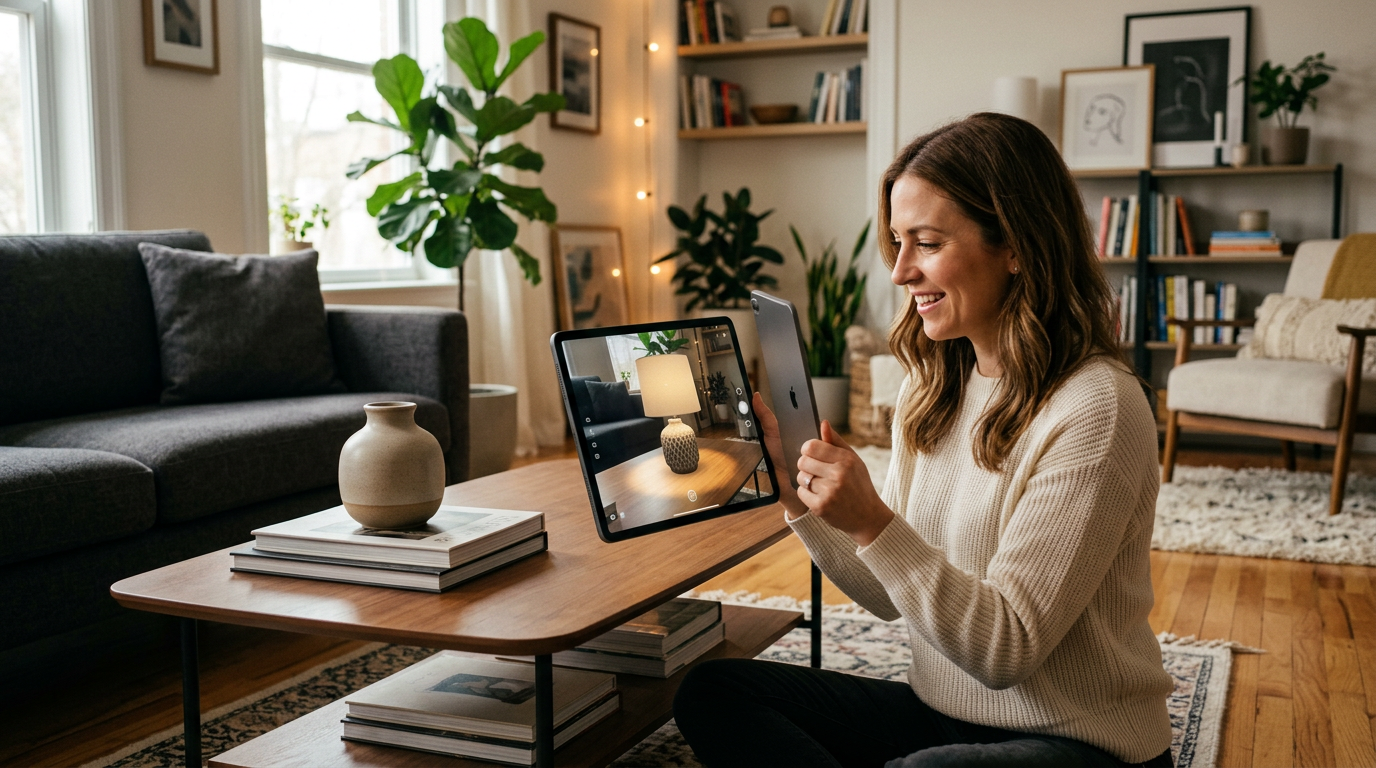 A person using a smartphone to visualize a digital picture frame on a real living room wall.