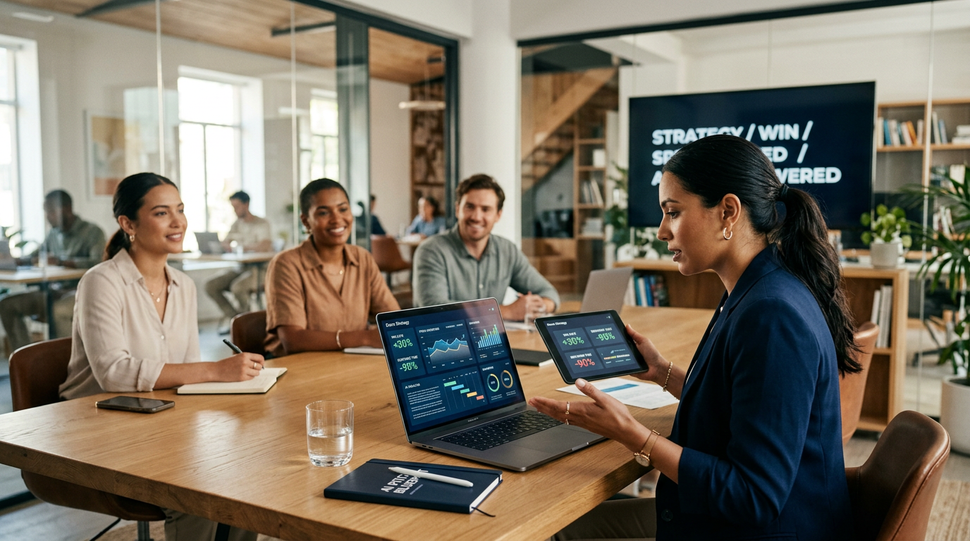 A professional desk with a laptop showing a successful client proposal document and graph.