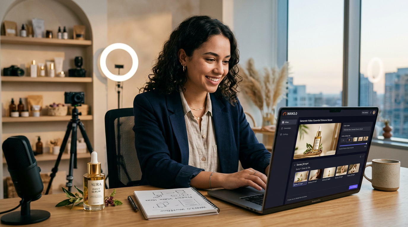 A small business owner using a laptop to generate 30 second product videos with AI software.