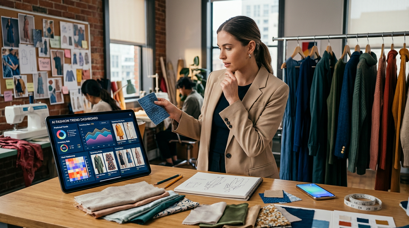 A small business owner looking at a tablet showing AI-generated clothing designs and trend charts.