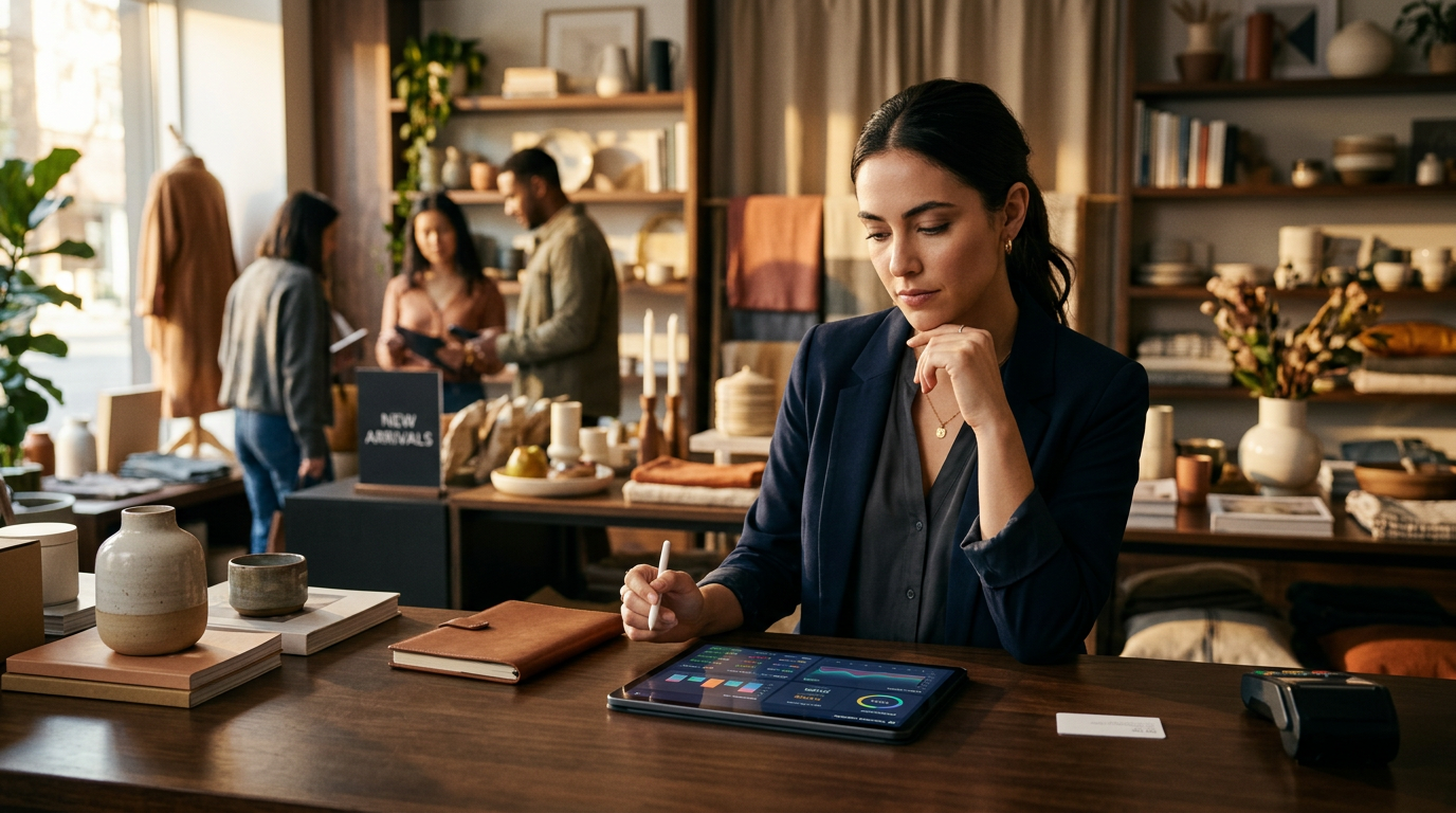 A small business owner reviewing sales data on a laptop to optimize profit margins.