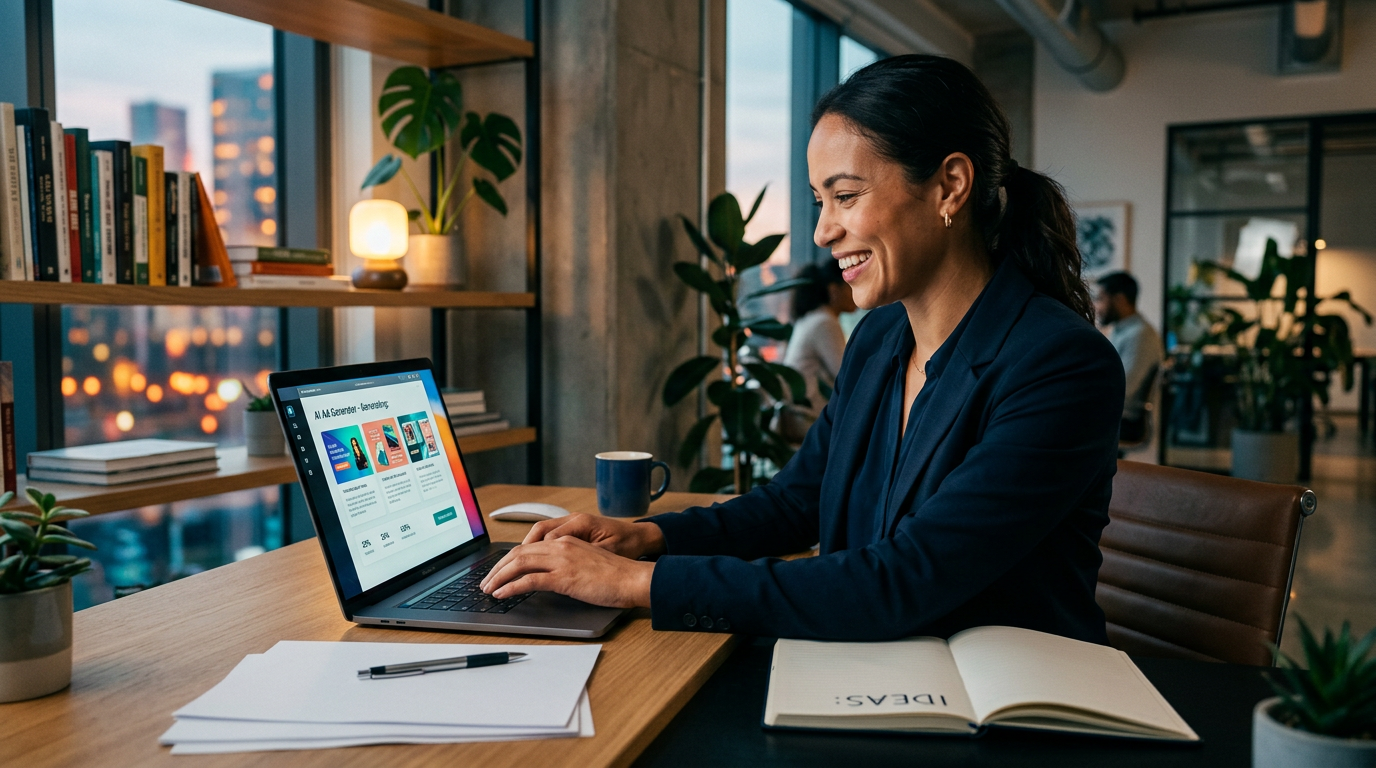 A small business owner using a laptop to generate marketing copy with AI tools.
