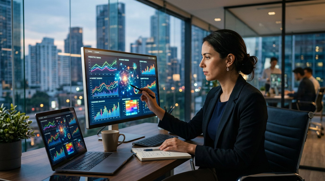 A small business owner looking at a laptop screen showing simplified data trends and graphs.