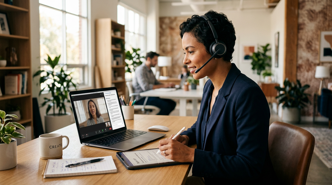 A small business owner using a laptop to convert meeting audio into written business procedures.
