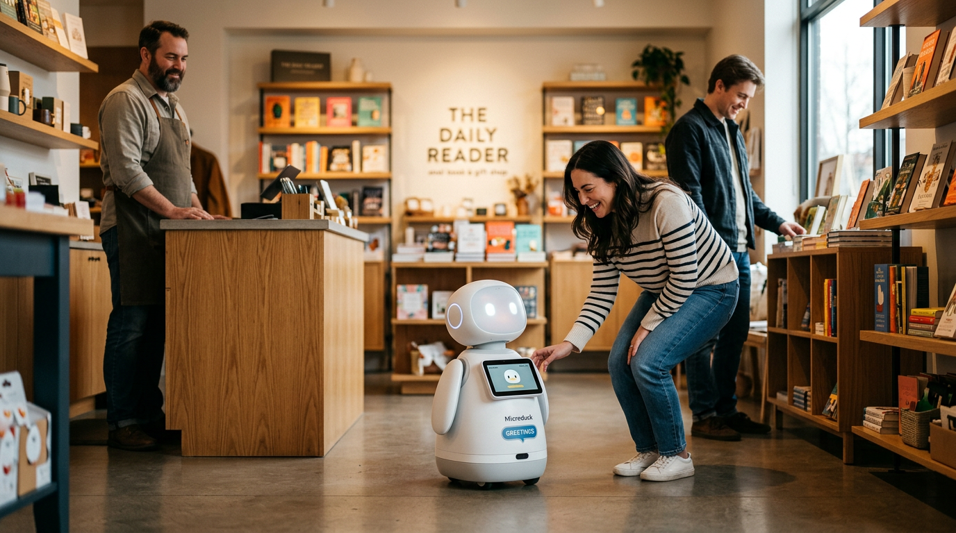 A small yellow programmable robot standing on a retail floor near a shop entrance.