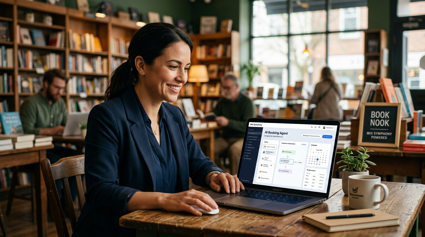 A small business owner using a laptop to configure AI agents in the Wix Symphony dashboard.