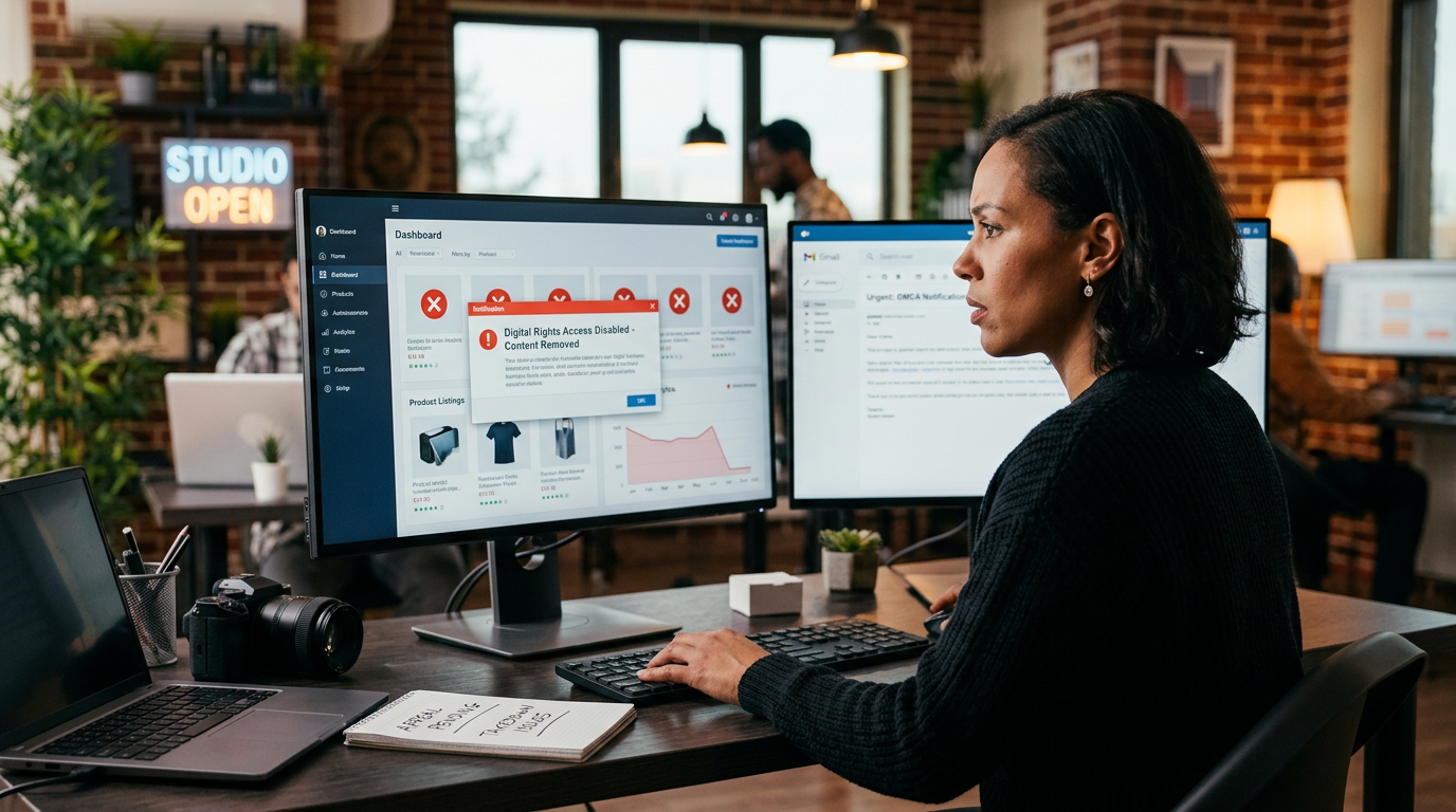 A digital shield protecting a small business storefront from red warning icons.