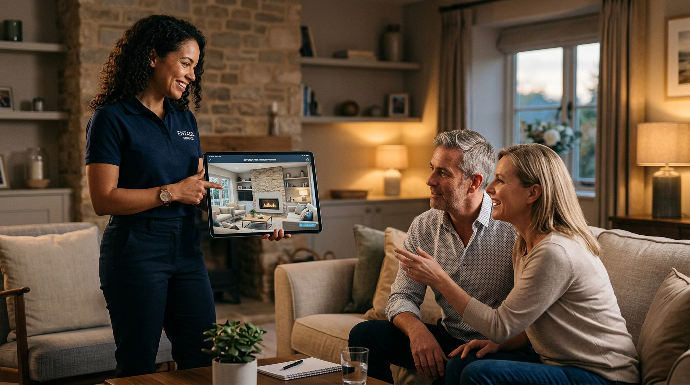 A contractor showing a client a visual AI project preview on a digital tablet at a job site.