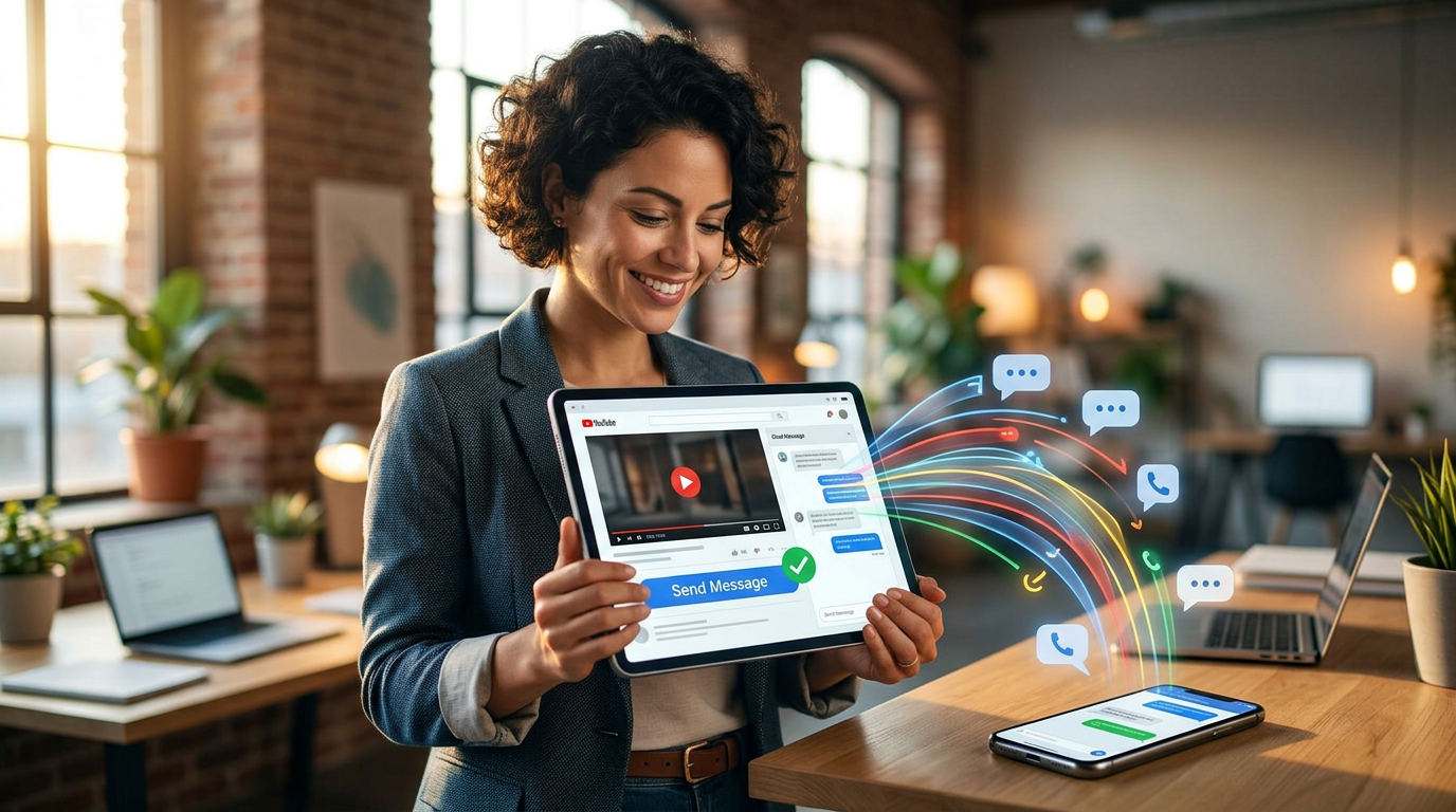 A small business owner looking at a smartphone displaying a YouTube video with a send message button.