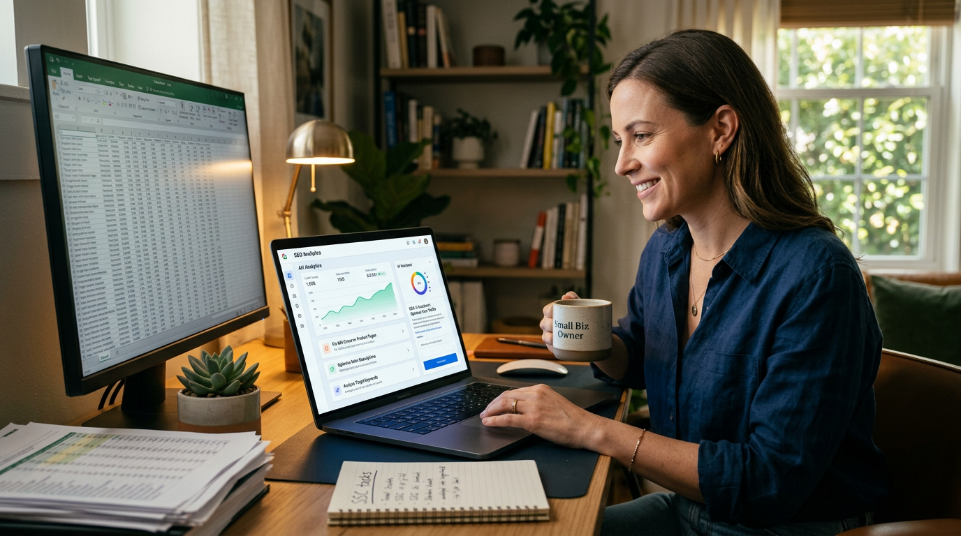 A person looking at a clear list of SEO tasks on a computer screen instead of a complex spreadsheet.