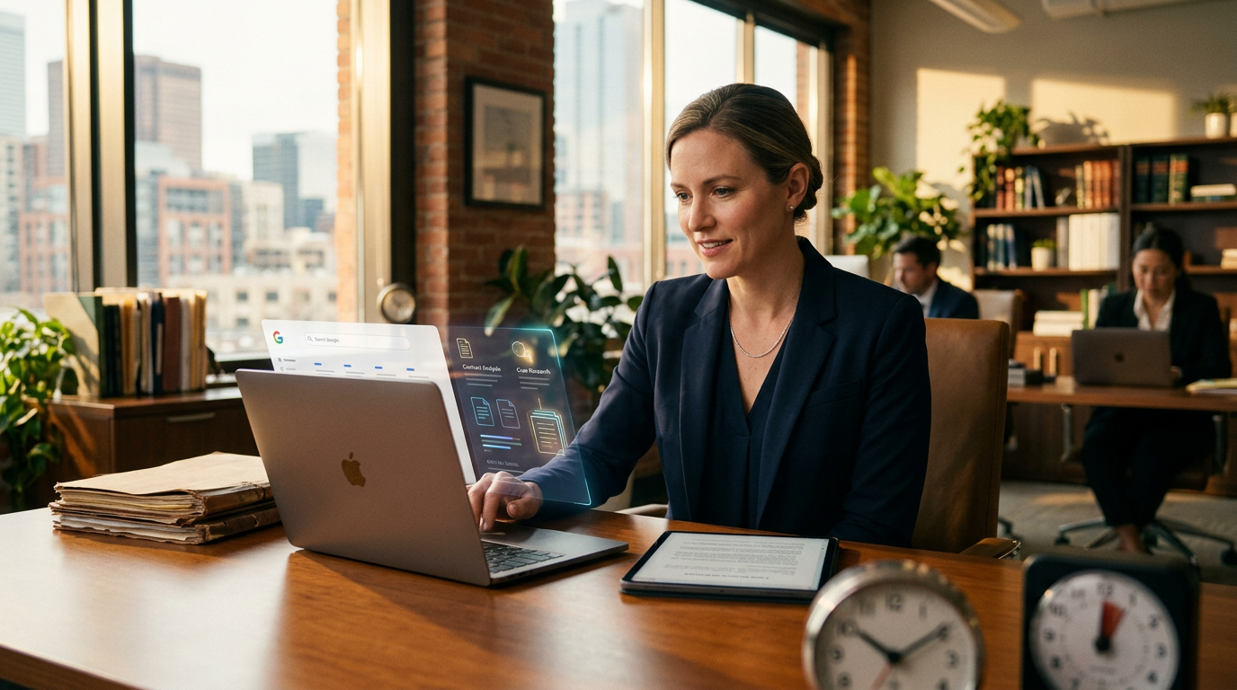 A lawyer using a laptop to review digital legal documents with an AI assistant icon.
