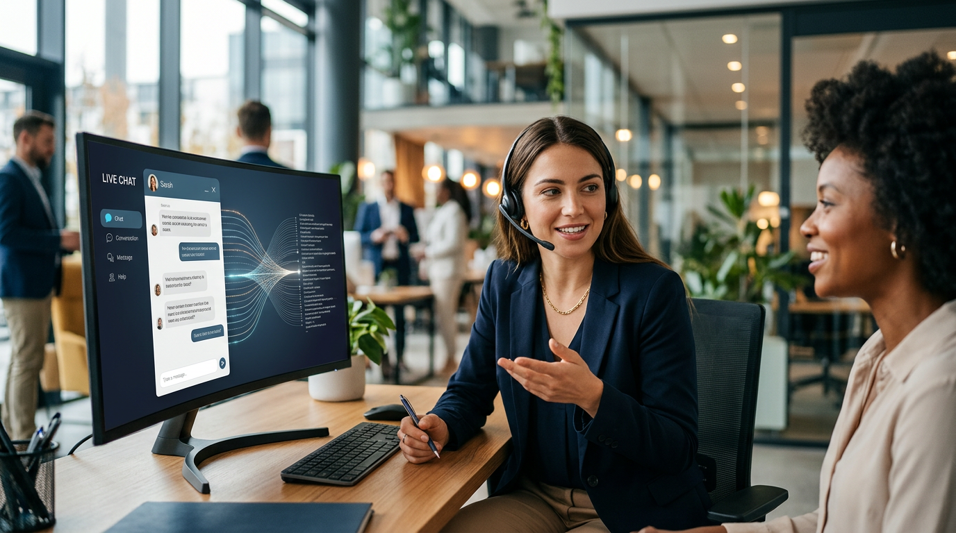 A small business owner smiling while looking at a tablet showing a natural AI chat conversation.