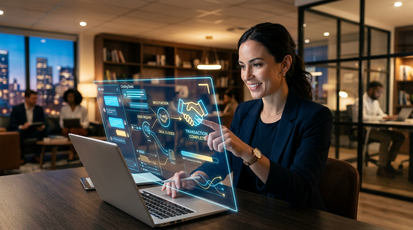 A small business owner reviewing sales data on a laptop next to a digital shopping cart icon.