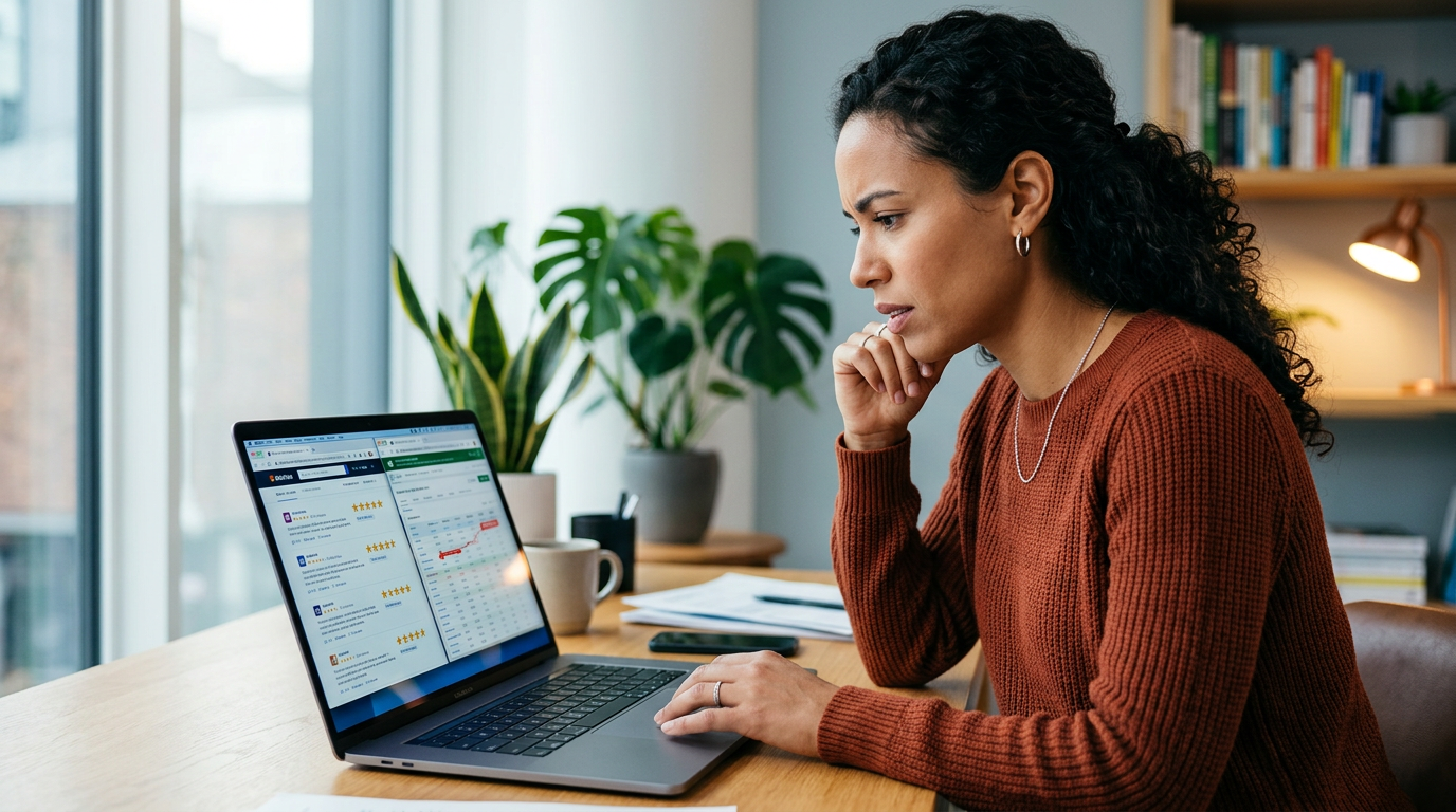 A business owner looking at a computer screen showing multiple conflicting software review search results.