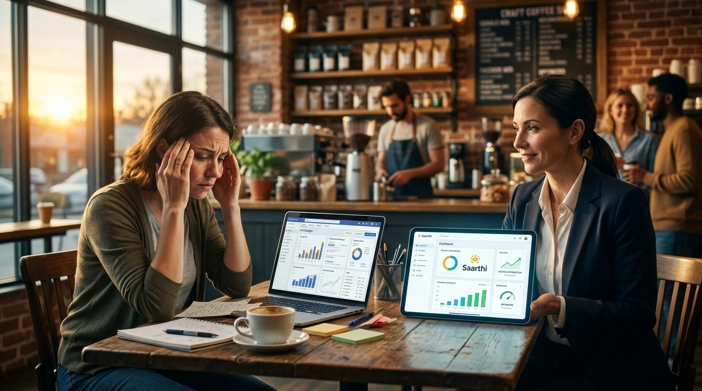 A small business owner looking at a simplified digital advertising dashboard on a tablet.