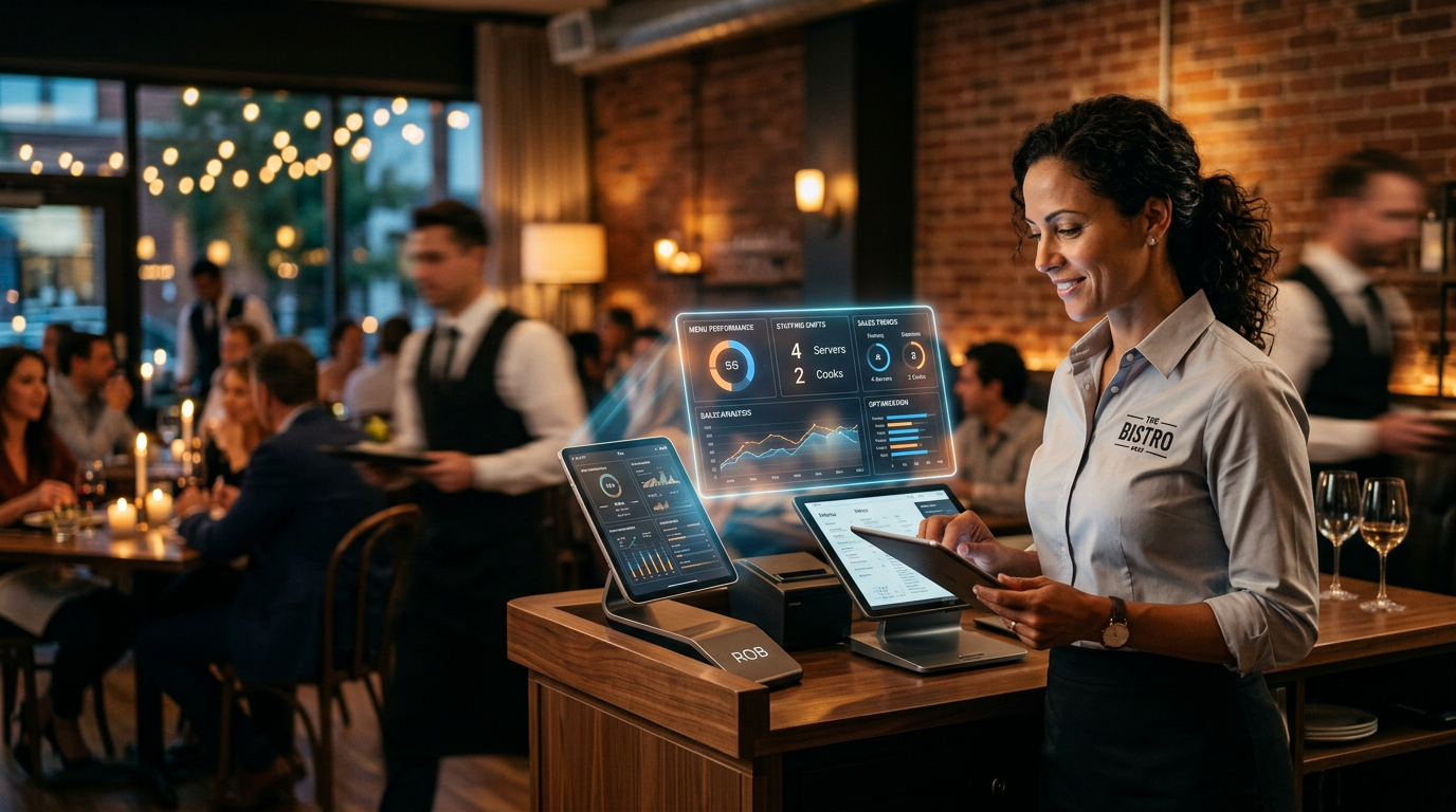 A small restaurant owner using a tablet to check AI-driven sales and staffing data in a kitchen.