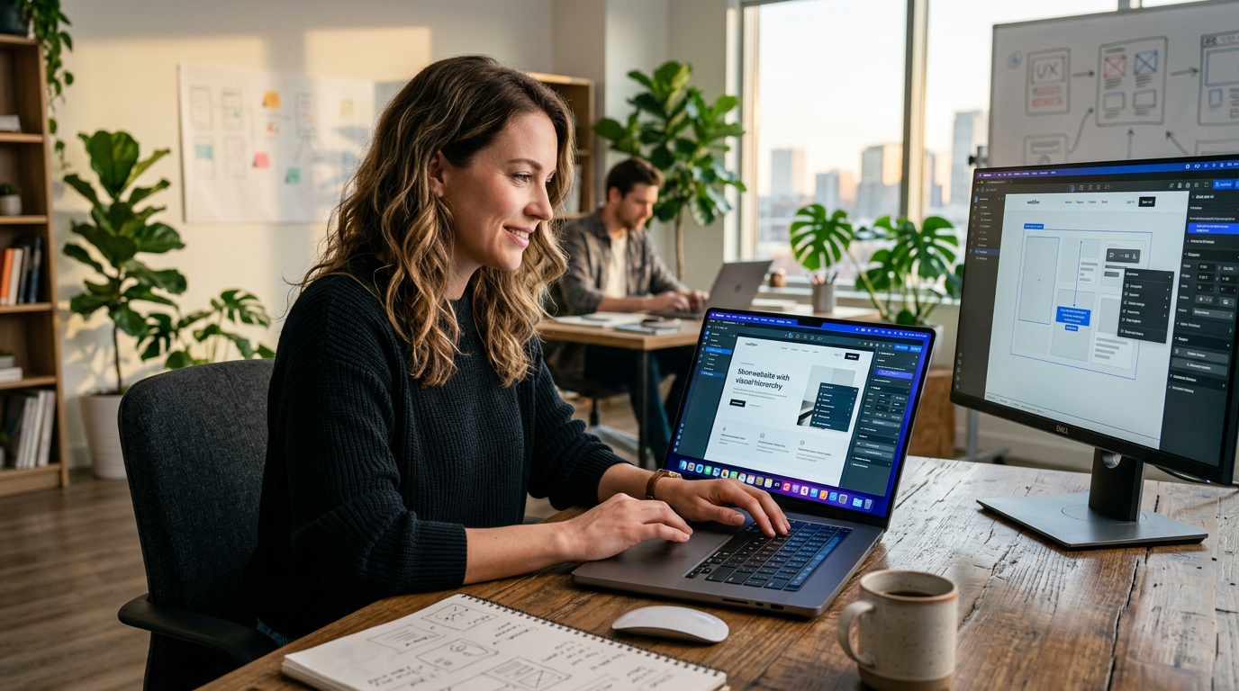 A business owner using a laptop to edit a professional website layout with AI assistance.