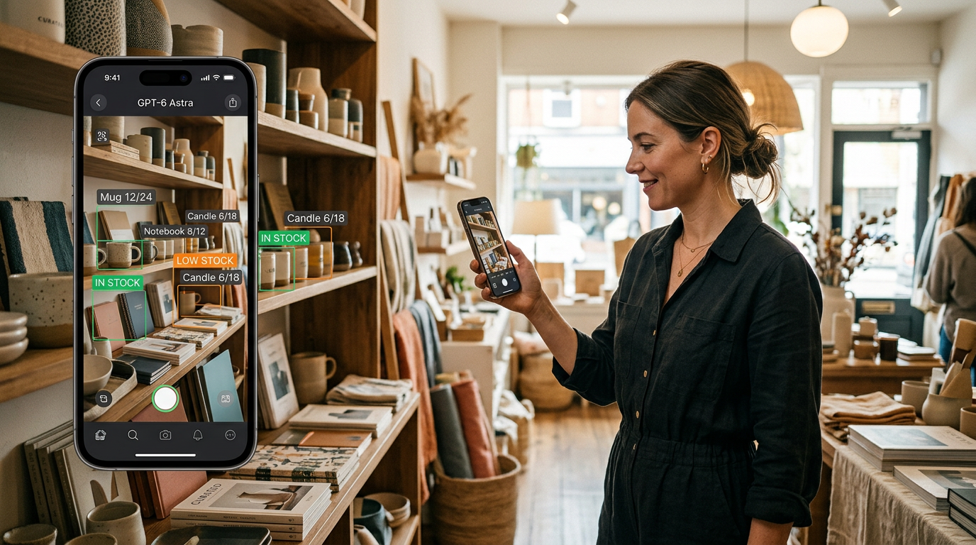 A small business owner using a smartphone camera to scan retail shelves for inventory management.