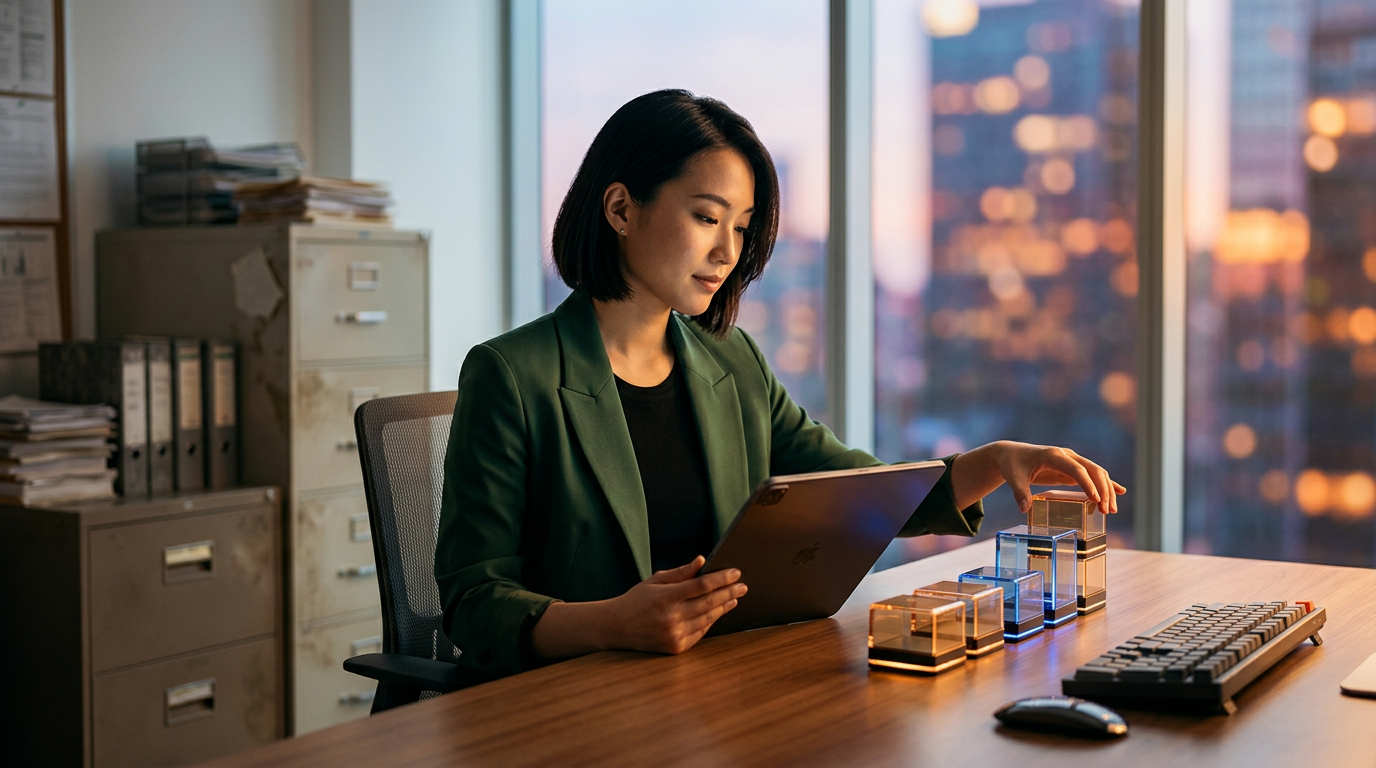 A small business owner reviewing automated SEO reports on a laptop screen.