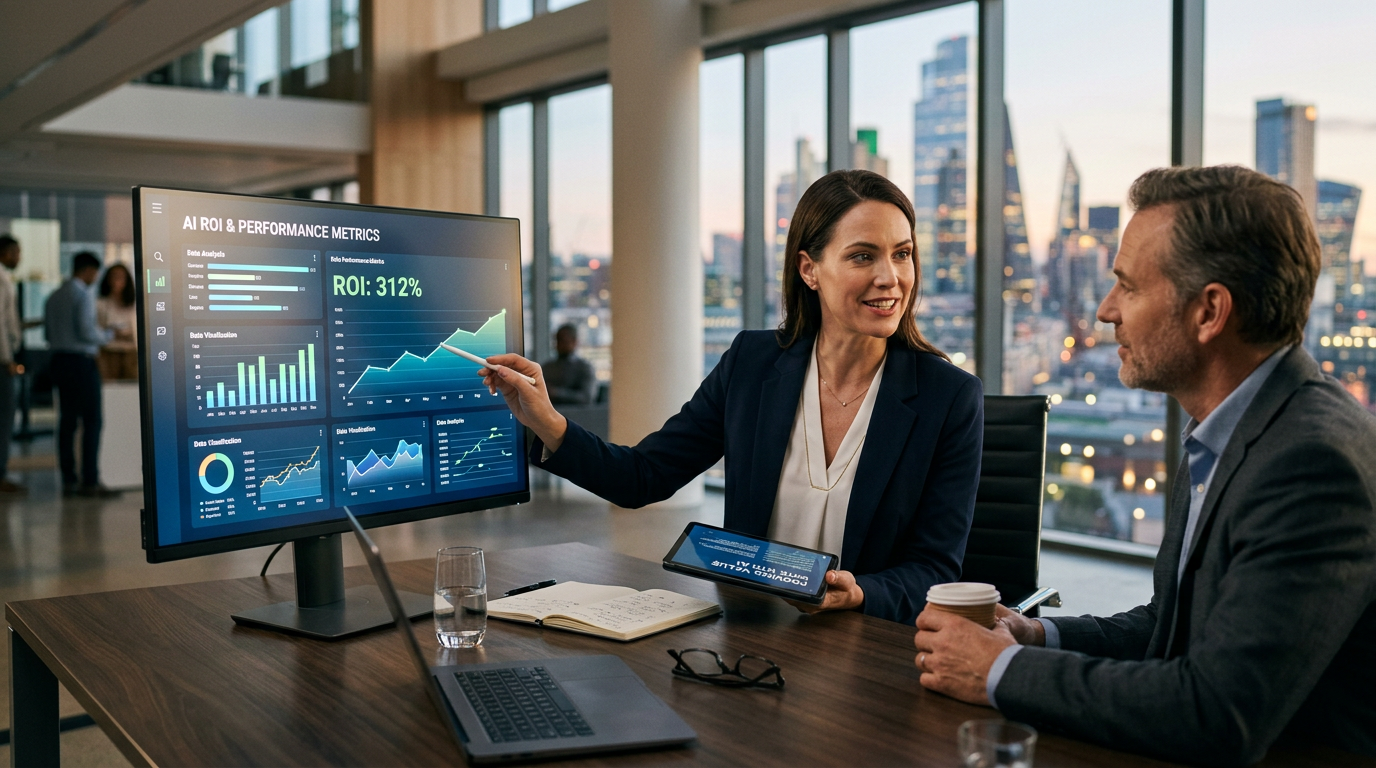 A business professional reviewing a digital dashboard showing clear financial growth and efficiency metrics.