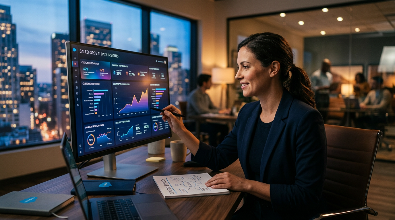 A business owner reviewing marketing data on a laptop with AI growth charts.