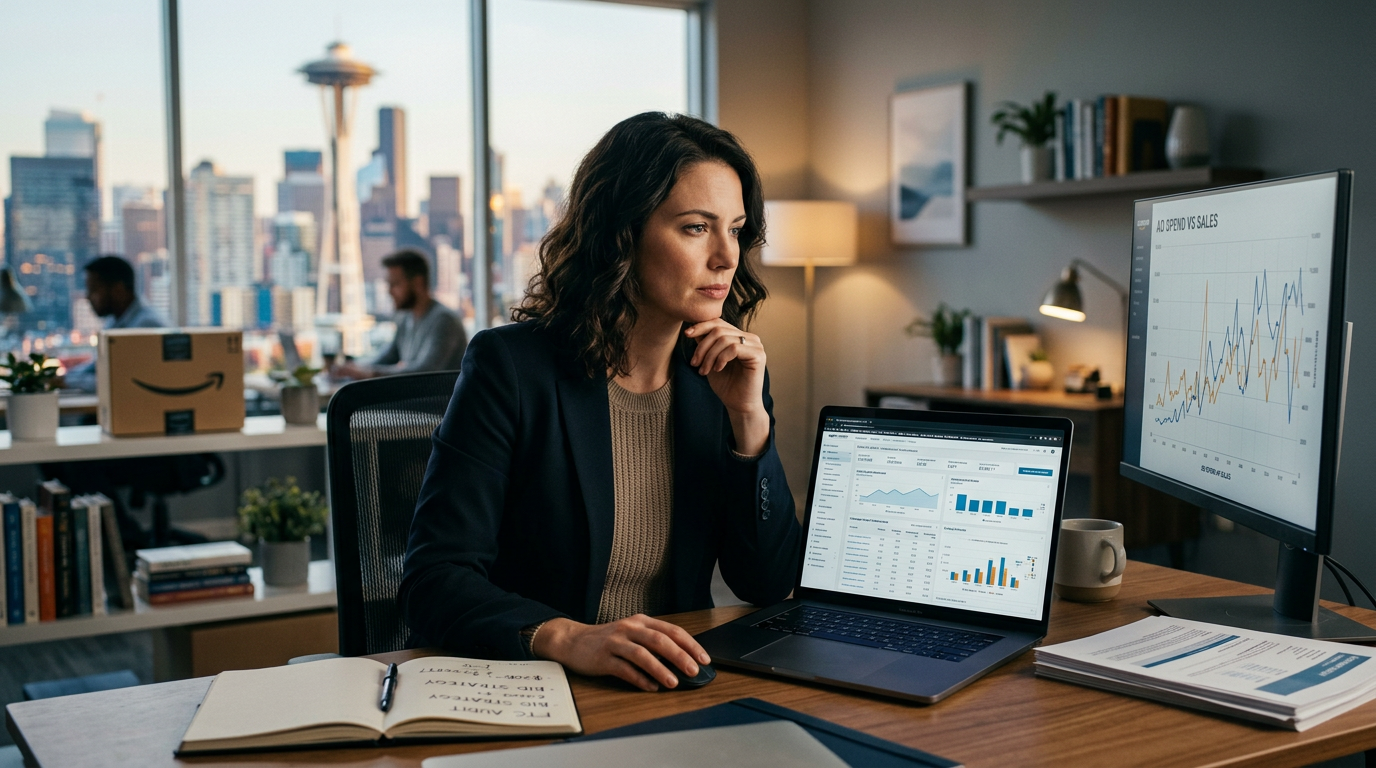 A business owner reviewing financial spreadsheets to audit Amazon advertising spend and auction costs.