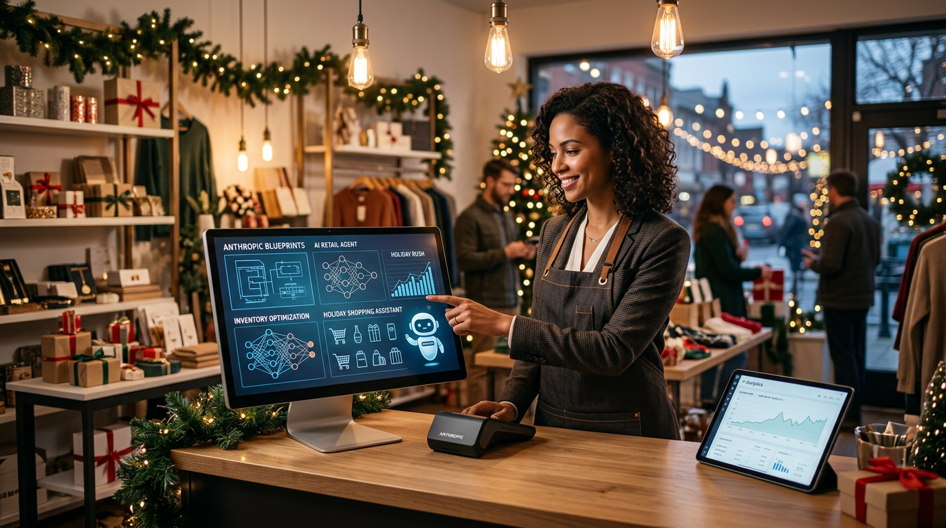 A small business owner using a tablet to manage store inventory with AI assistance.