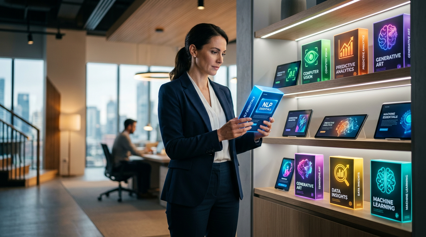 A digital retail shelf displaying various AI software subscription boxes for business owners to choose.