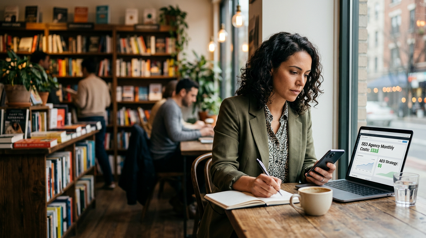 A small business owner looking at a laptop screen showing AI search results and cost charts.
