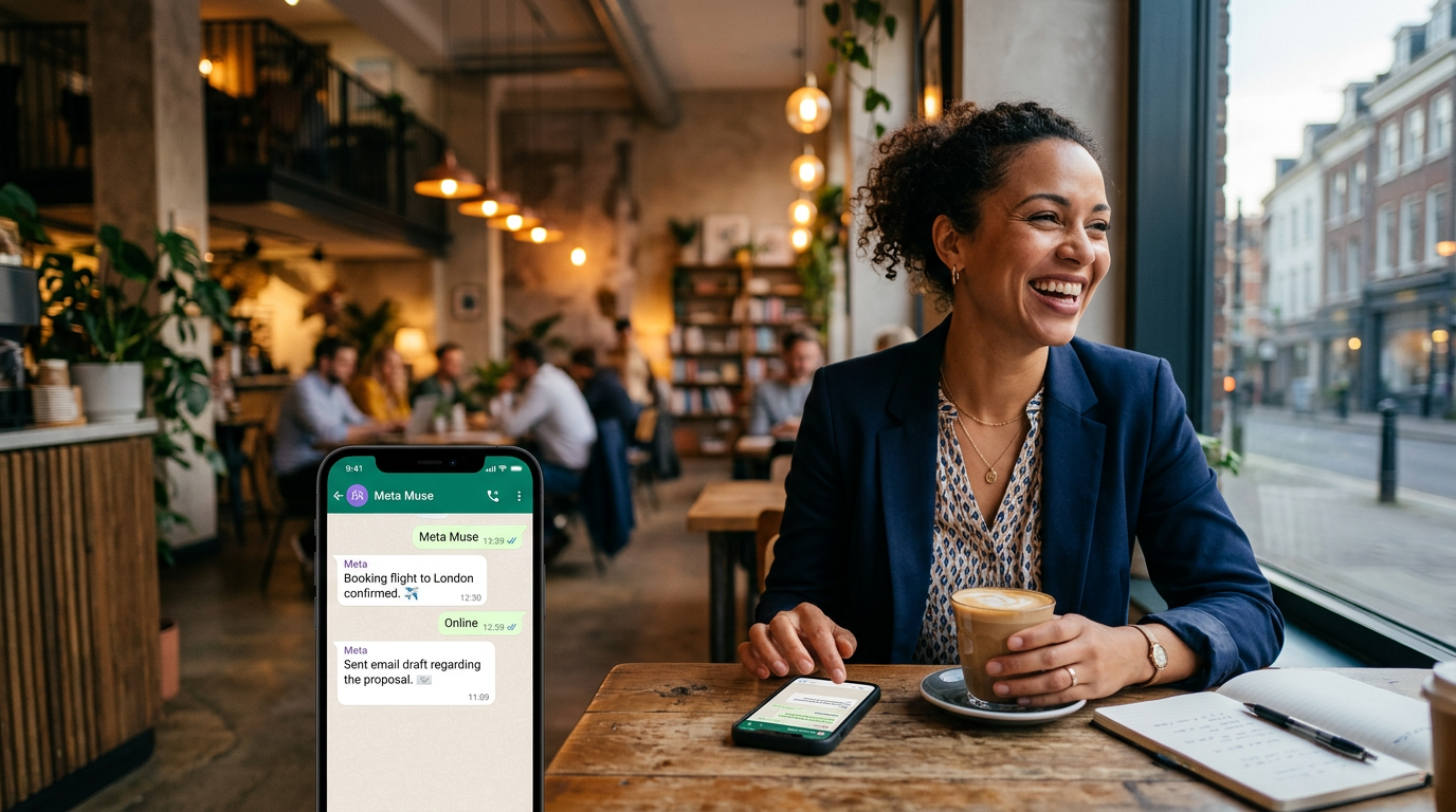 A small business owner using a smartphone to manage business tasks through an AI agent.