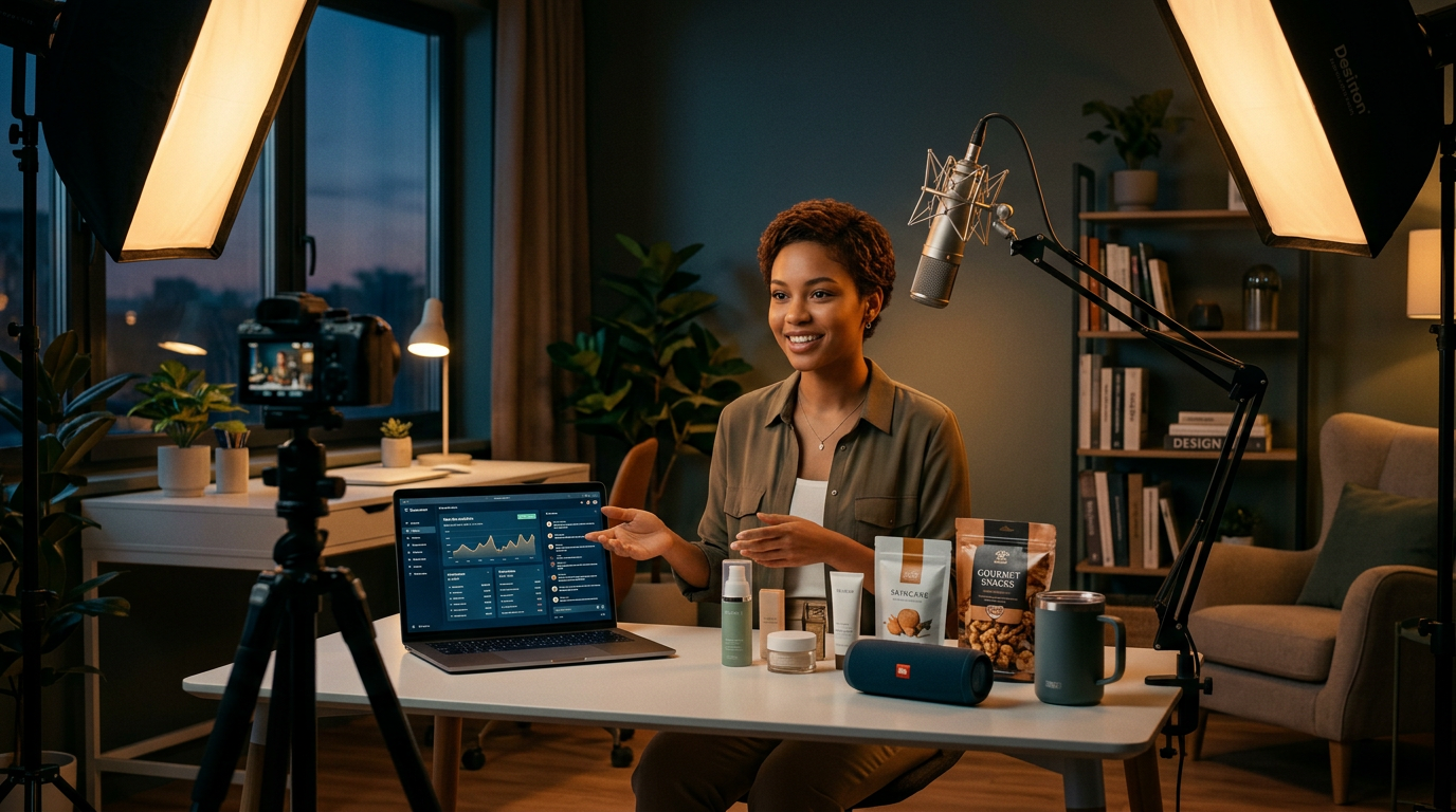 A digital AI host on a smartphone screen displaying retail products for sale.